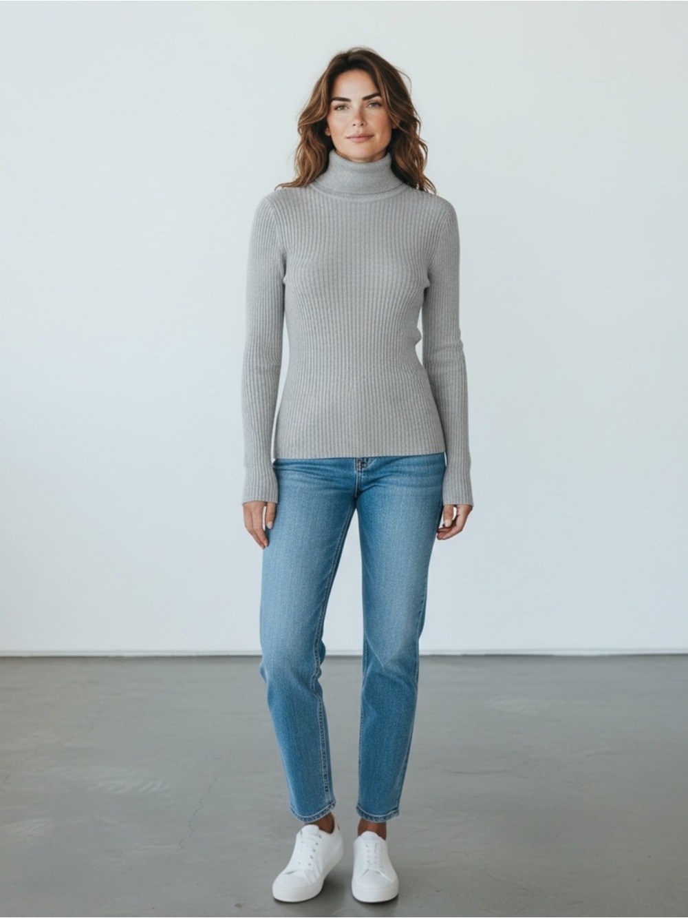 Ellen Tracy Ribbed Turtleneck Sweater in Light Gray
